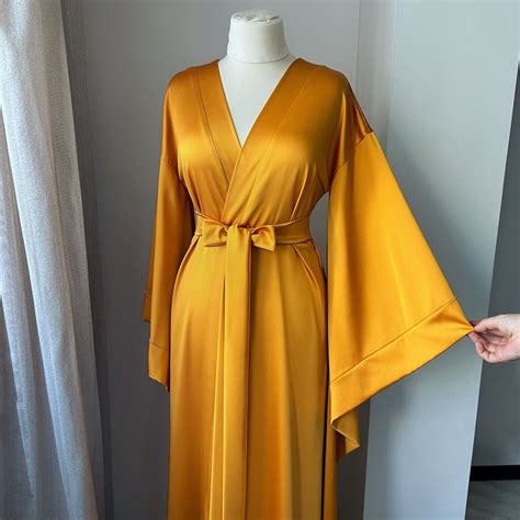 Floor Length Robe, Silk Kimono Robe, Robe With Wide Sleeves, Dressing ...