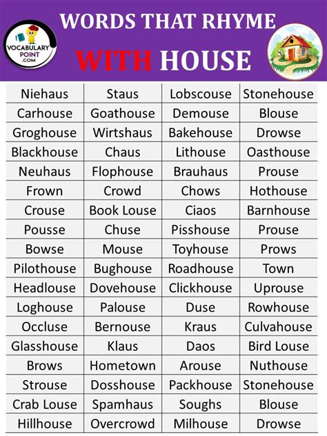 Words That Rhyme With House | Vocabulary, Good vocabulary, Rhymes