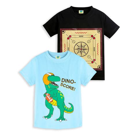 Pack of 2 Black-Carrom & Sky Blue-Dino Score Print Cotton T-shirt ...
