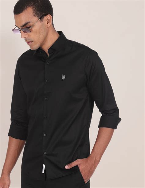 Buy Men Barrel Cuff Cotton Stretch Shirt Black|U.S. Polo Assn. India