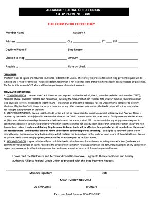 Fillable Online ALLIANCE FEDERAL CREDIT UNION STOP PAYMENT FORM Fax ...