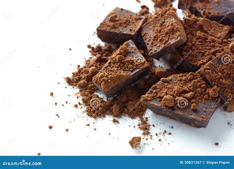 Broken Dark Chocolate with Cocoa Powder Stock Image - Image of grain ...