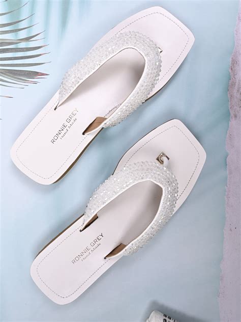 Women Off White Embellished T-Strap Flats – ShoeTree