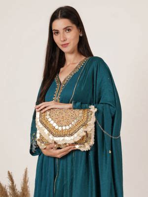 Buy Fabbhue Women'S Beige Boho Hand Embroidery Clutch with Detachable ...