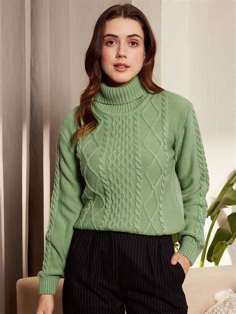 Women Solid Light Green Turtle Neck Acrylic Ribbed Hem Cable Knitted ...