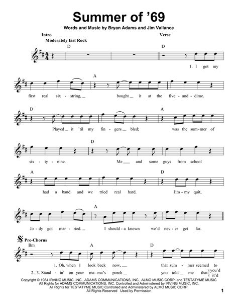 Summer Of '69 von Bryan Adams Noten zum Pro Vocal bei Sheet Music Direct
