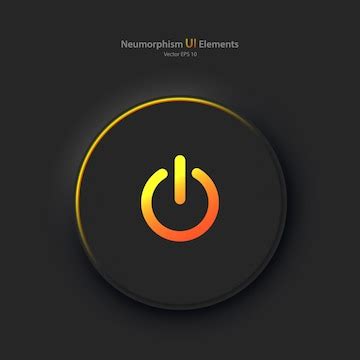 A round button with a yelloworange power symbol on a black background ...