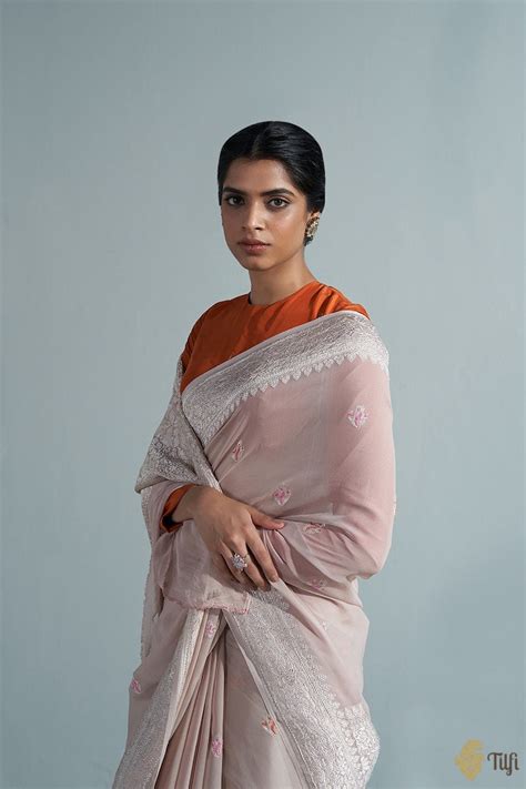 Taupe Pink Pure Khaddi Georgette Banarasi Handloom Saree - Tilfi