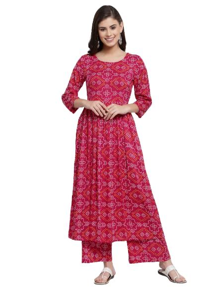 Buy Yuris Women Pink Off-White Bandhani Print Pure Cotton Kurta with ...