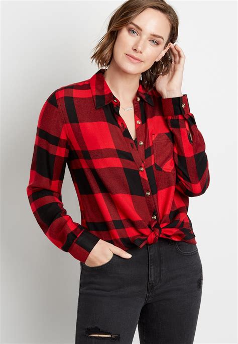 Red Buffalo Plaid Button Down Long Sleeve Flannel Shirt | Long sleeve ...
