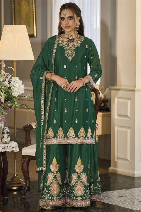 Buy Dark Green Color Embroidered Readymade Palazzo Salwar Suit In Chinon F