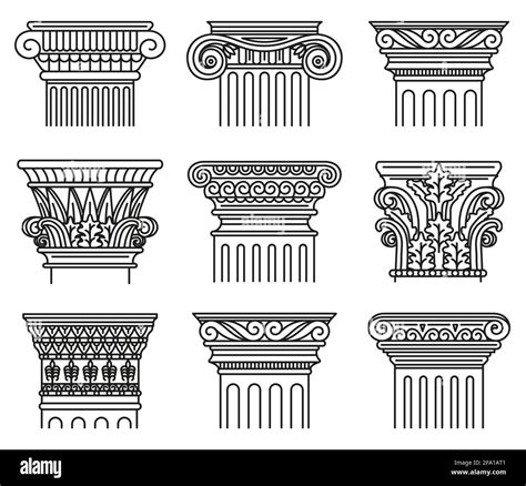 Ancient greek capitals. Architectural orders, ionic and doric antique classical capitals ...