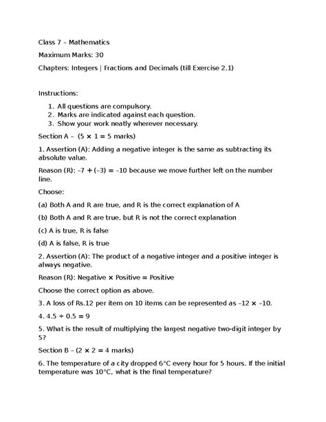 Class 7 Math Quiz: Integers, Fractions & Decimals (Max 30 Marks) - Studocu