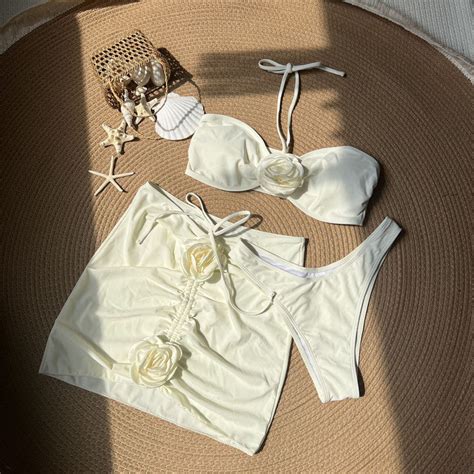 Halter Neck Rosalie Rosette 3 Piece Bikini Set White – The Curvves