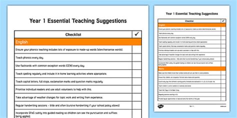 Year 1 Essential Teaching Suggestions Checklist