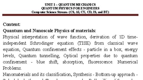 Unit 4: Quantum Mechanics & Nanoscale Physics for Engineers (CS, AI, CY ...