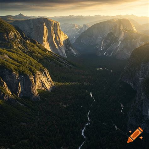 An oil painting of Yosemite Valley at sunset, with golden cliffs, a winding river, autumn trees ...