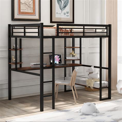 Buy Metal Loft Beds Full Size, Full Loft Bed with Long Desk and Shelves ...