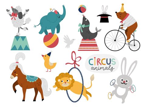 Vector set with circus animals. Amusement holiday icons pack. Cute ...