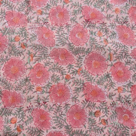 Pure Cotton Jaipuri Peach With Pink and Grey Flower Jaal Hand Block Pr ...