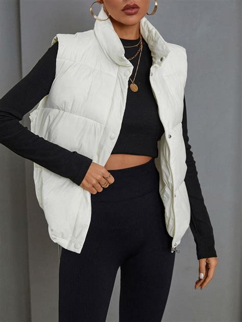 Zip Up Snap Button Puffer Vest Coat | Vest outfits for women, Outfits ...