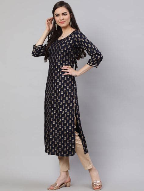 Women Navy Blue Ethnic Printed Straight Kurta with Three Quarter Sleev ...