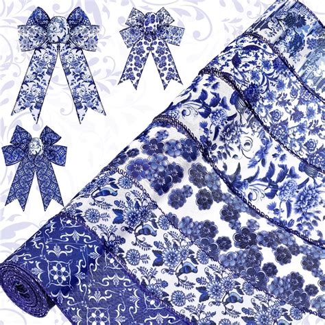 Amazon.com: Lyrow 6 Rolls Chinoiserie Ribbon White and Blue Wired Edge ...
