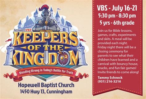Keepers of the Kingdom - VBS, Hopewell Baptist Church, Cunningham, 16 ...