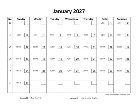 January Calendar 2027 Printable with checkboxes (horizontal) | Free ...