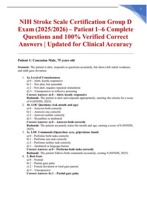 NIH Stroke Scale Certification Group D Exam (2025/2026) – Patient 1–6 ...