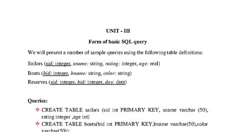 DBMS UNIT-3: Basic SQL Query Form and Examples - Studocu