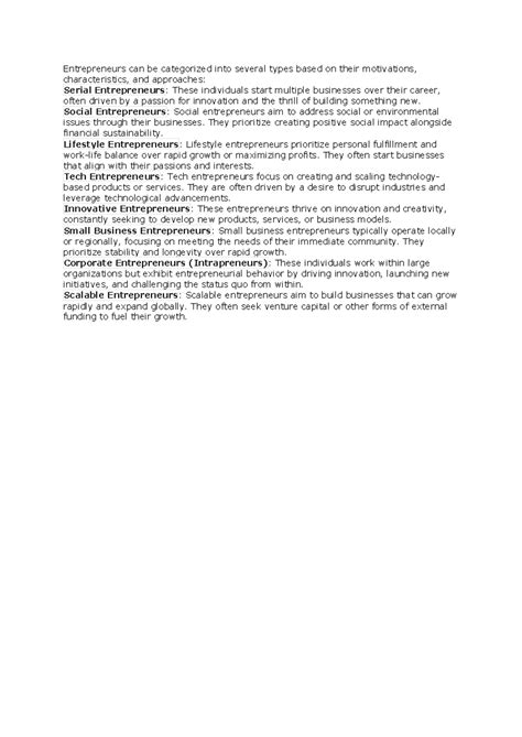 Entrepreneurship week 3 - Entrepreneurs can be categorized into several ...