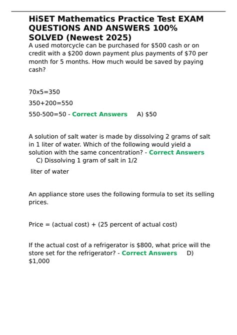 HiSET Mathematics Practice Test EXAM QUESTIONS AND ANSWERS 100- SOLVED ...