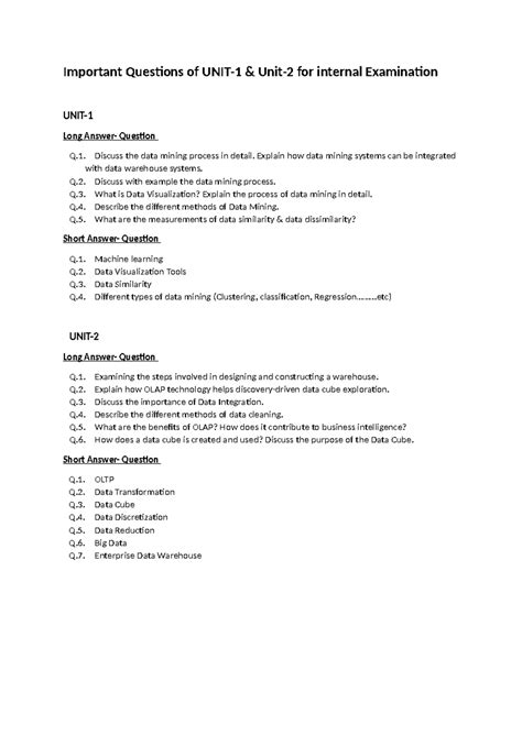 Data Mining imp Q - no details - Important Questions of UNIT-1 & Unit-2 ...