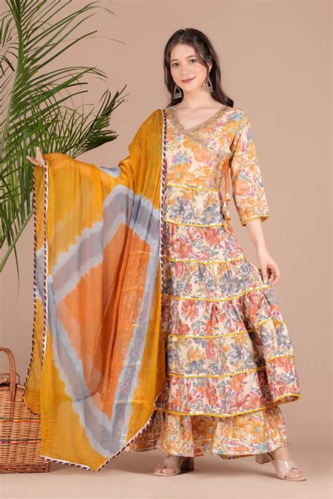 Golden Sequence Muslin Sharara Set with Sidelong Slit Kurti and Chiffo ...