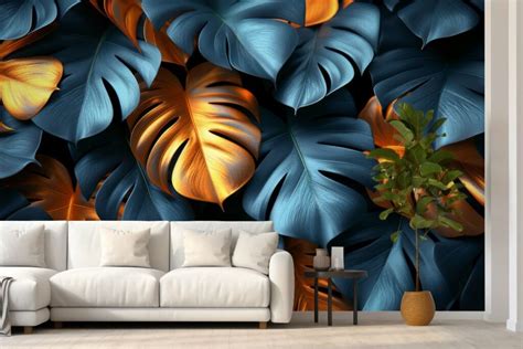 Ethereal Blue and Golden Tropical Leaves Mural Wallpaper - Magicdecor®