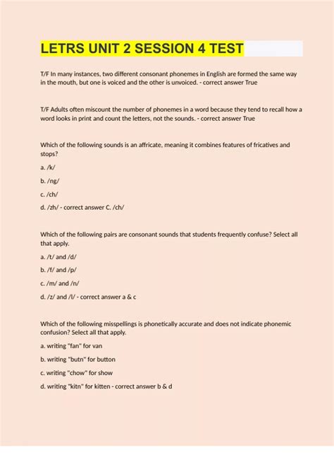 LETRS UNIT 2 SESSION 4 TEST - LETRS Language Essentials for Teachers ...