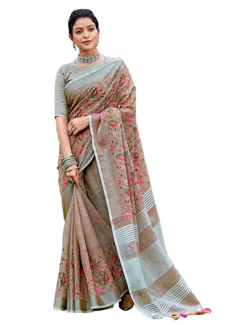 Buy SANGAM PRINTS Women's Linen Resham Dori Work Saree with Blouse ...