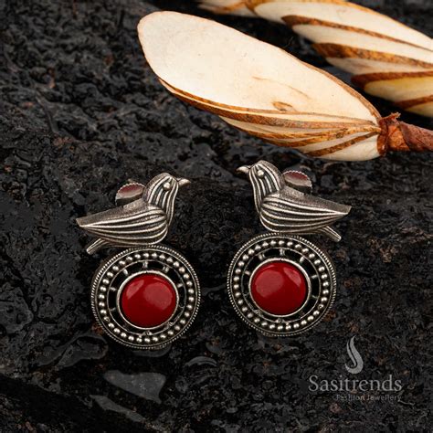 Bird Motif Oxidised Stud Earrings with Cabochon Stones – Sasitrends