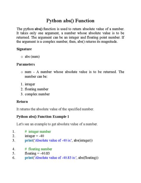 Python abs - It takes only one argument, a number whose absolute value ...