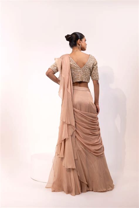 Peach Embellished Blouse with Layered Ruffle Saree – AGASHE