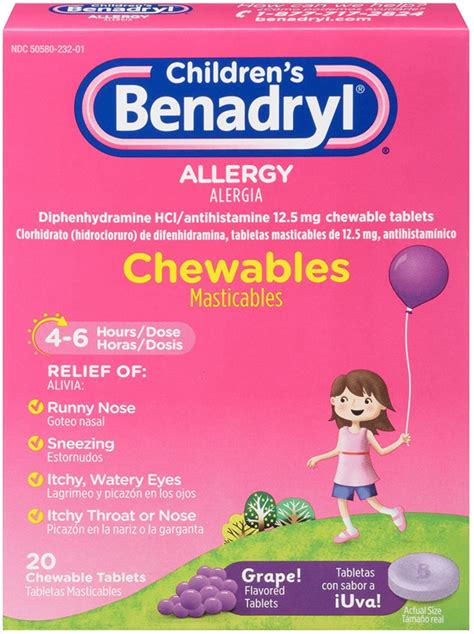 Benadryl Children's Allergy Relief Chewable Tablets, Grape Flavor, 20 ...