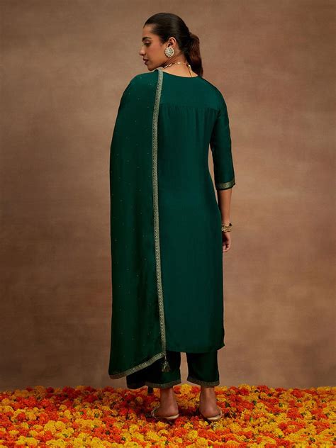 Buy Green Woven Design Silk Blend Straight Suit With Dupatta Online at ...