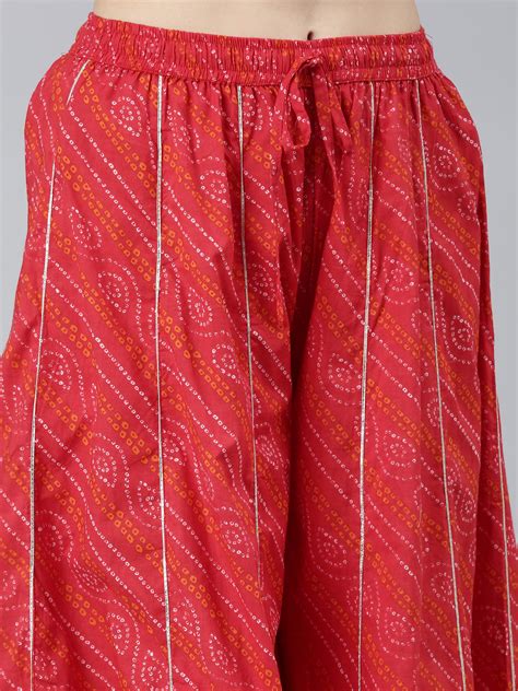 Neerus Red Regular Straight Bandhani Kurta Sets And Palazzos With Dupa ...