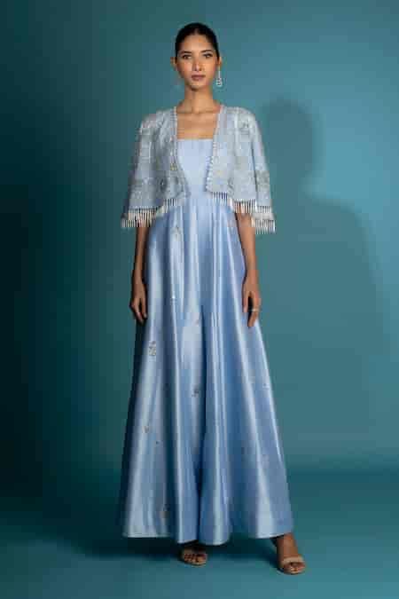Buy Blue Organza, Chanderi Silk Cut Work, Floral Embroidered Cape With ...