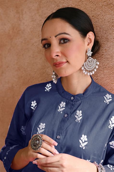 Blue Pure Heavy Cotton Chikankari Plazo Suit from Anant Exports