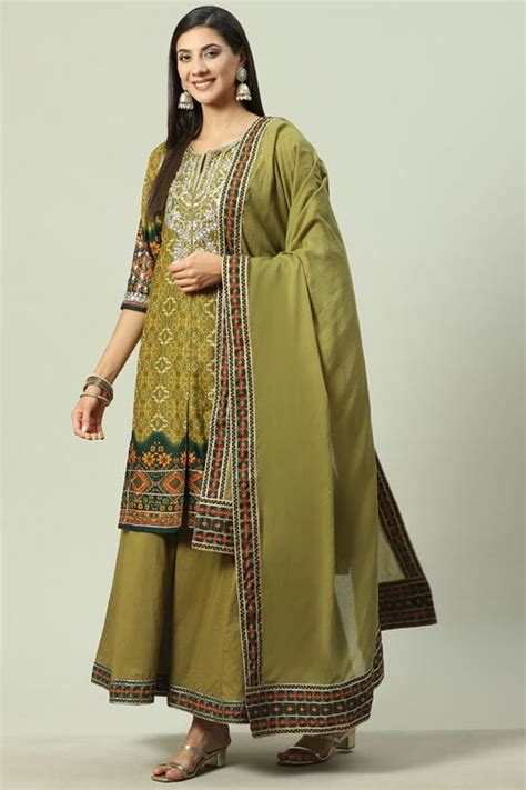 Olive Green Cotton Straight Kurta Sharara Suit Set at Biba India