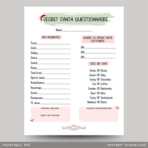 Secret Santa Questionnaire Printable, Secret Santa Gift Exchange Form ...
