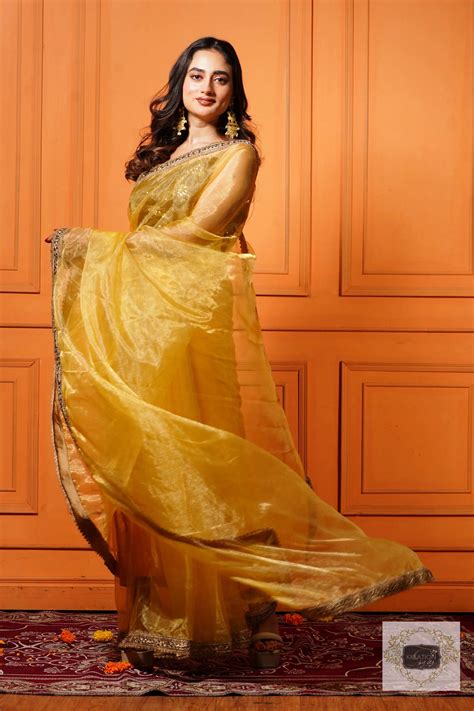Golden Glass Tissue Saree Zardosi Border bridal saree - kreationbykj ...