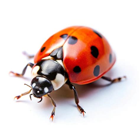 A ladybug with black spots on its face is sitting on a white surface ...